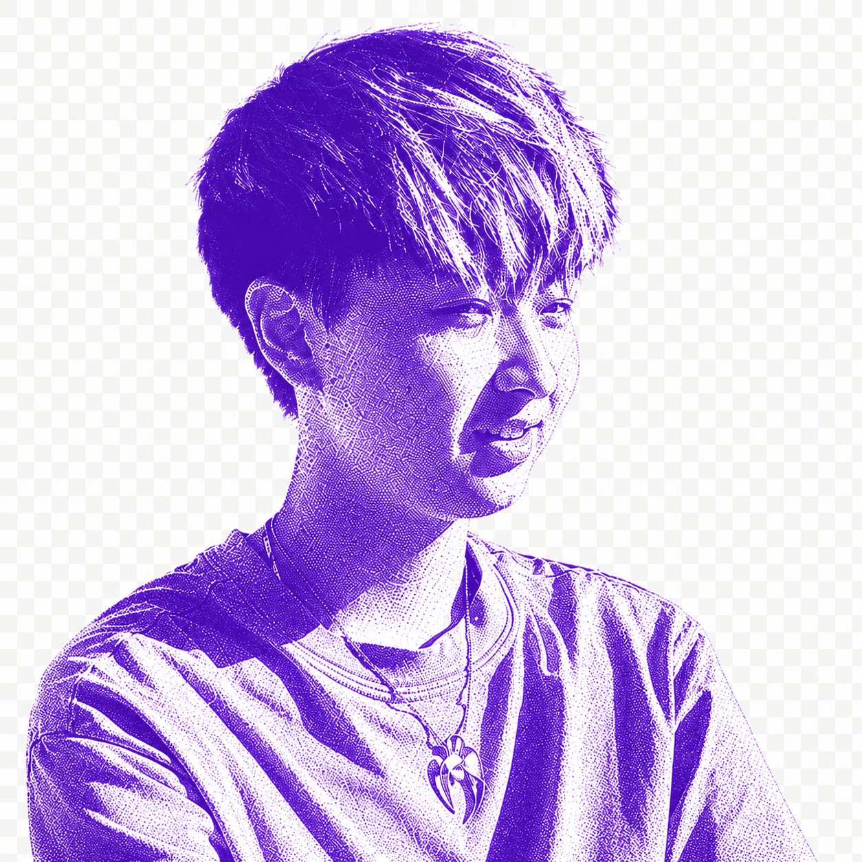 Eason, UGM co-founder, in a purple halftone duotone portrait.