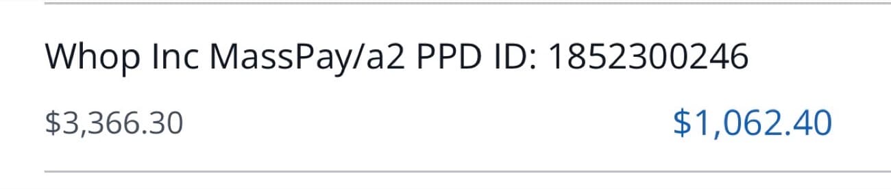 Creator payout from Whop, $1,062.40 credited